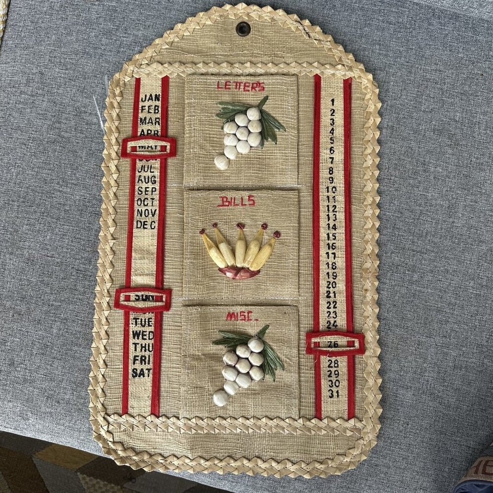Vintage Wall Pocket Letter Organizer Holder Woven Straw Raffia Calendar